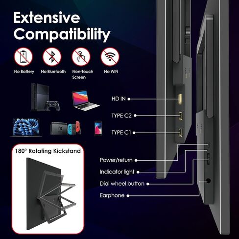 شاشة KOHO كبيرة محمولة - شاشة ألعاب كمبيوتر مقاس 18.5 بوصة 120 هرتز 100% sRGB FHD 1080P USB-C HDMI IPS شاشة لأجهزة الكمبيوتر المحمول MacBook Surface PC PS4/PS5 Xbox مع مكبرات صوت بمسند VESA قابلة للتركيب in Kuwait