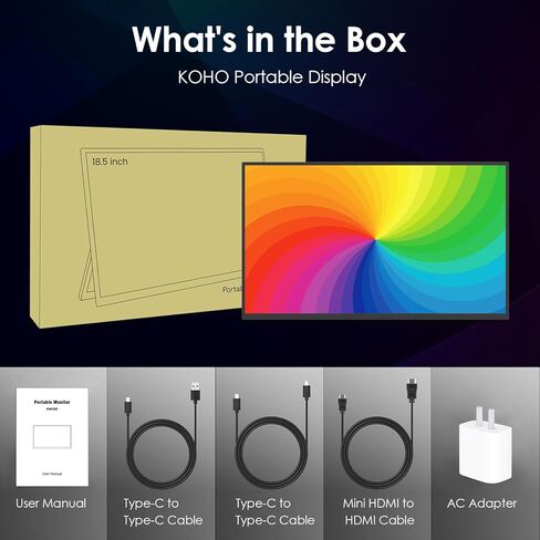 شاشة KOHO كبيرة محمولة - شاشة ألعاب كمبيوتر مقاس 18.5 بوصة 120 هرتز 100% sRGB FHD 1080P USB-C HDMI IPS شاشة لأجهزة الكمبيوتر المحمول MacBook Surface PC PS4/PS5 Xbox مع مكبرات صوت بمسند VESA قابلة للتركيب in Kuwait