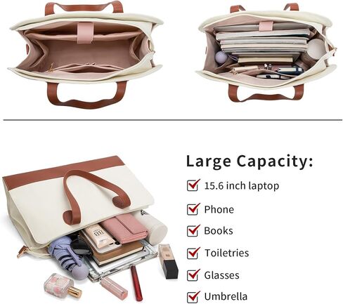 حقيبة كمبيوتر محمول مقاس 15.6 بوصة من القماش الكتاني حقيبة كمبيوتر أنيقة للعمل حقيبة يد مقاومة للماء حقيبة كتف احترافية للنساء حقيبة مكتب للعمل سعة كبيرة - بيج بني in Kuwait