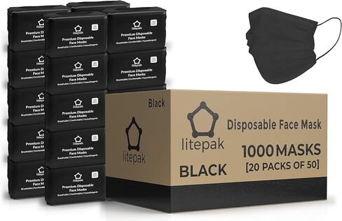 Litepak - 1,000 PCS - Disposable Face Masks for Home & Office - Breathable & Comfortable Filter (Black) in Kuwait