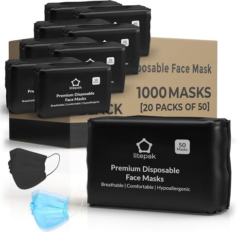 Litepak - 1,000 PCS - Disposable Face Masks for Home & Office - Breathable & Comfortable Filter (Black) in Kuwait
