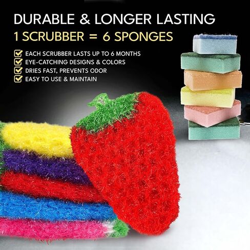 Fun Dish Scrubber by Dish Scrubbie (3PK Mix) - Fruit Shaped Kitchen Sponge Washing Dishes - Reusable Sponges for Scrubbing, Cleaning, Dishwashing - No Odor Sponges Kitchen Scrubbers in Saudi Arabia