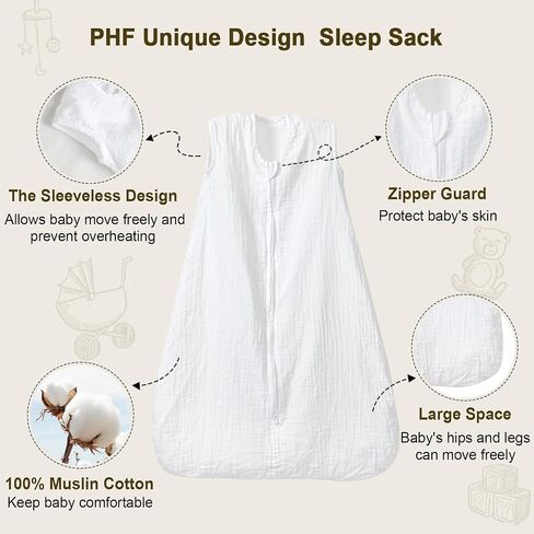 PHF Soft Muslin Cotton Baby Sleep Sack 18-24 Months, 2 Pack 100% Cotton Sleeping Sack for Summer, 0.5 TOG Baby Wearable Blankets with 2-Way Zipper, Sleep Sacks for Boys Girls Newborn, Woodland in Saudi Arabia