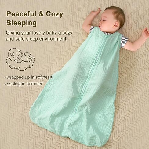 PHF 100% Muslin Cotton Baby Sleep Sacks, 0-6 Months Sleep Sack with 2-Way Zipper, 2 Pack Cooling Unisex 0.5 TOG Breathable Small Size Sleeveless Baby Wearable Blanket, Blue & Green in Saudi Arabia