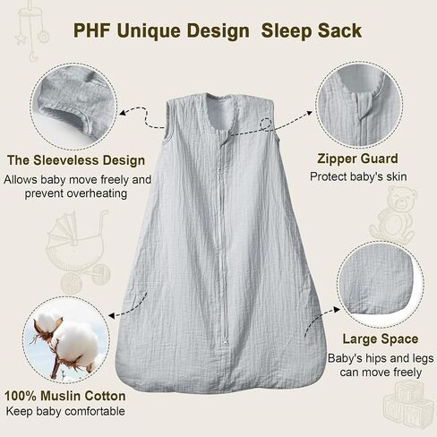 PHF 100% Muslin Cotton Baby Sleep Sacks, 0-6 Months Sleep Sack with 2-Way Zipper, 2 Pack Cooling Unisex 0.5 TOG Breathable Small Size Sleeveless Baby Wearable Blanket, Blue & Green in Saudi Arabia