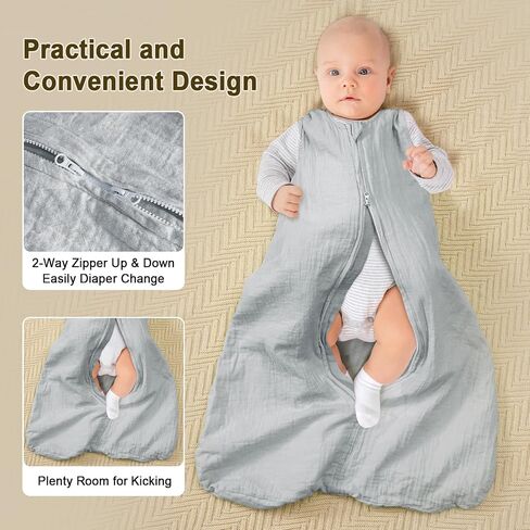 PHF 100% Muslin Cotton Baby Sleep Sacks, 0-6 Months Sleep Sack with 2-Way Zipper, 2 Pack Cooling Unisex 0.5 TOG Breathable Small Size Sleeveless Baby Wearable Blanket, Blue & Green in Saudi Arabia