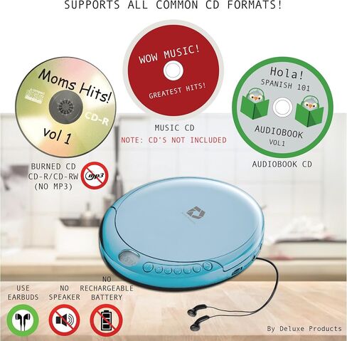 CD Player Portable with 60 Second Anti Skip, Stereo Earbuds, Includes Aux in Cable and AC USB Power Cable for use at Home or in Car in Saudi Arabia