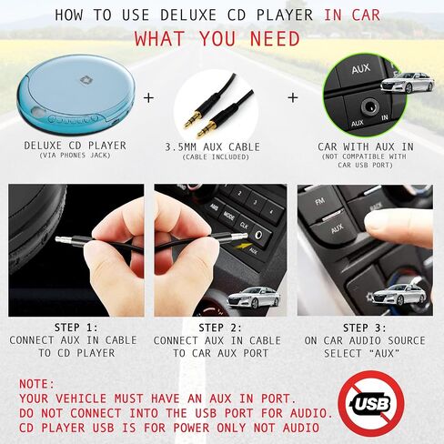 CD Player Portable with 60 Second Anti Skip, Stereo Earbuds, Includes Aux in Cable and AC USB Power Cable for use at Home or in Car in Saudi Arabia