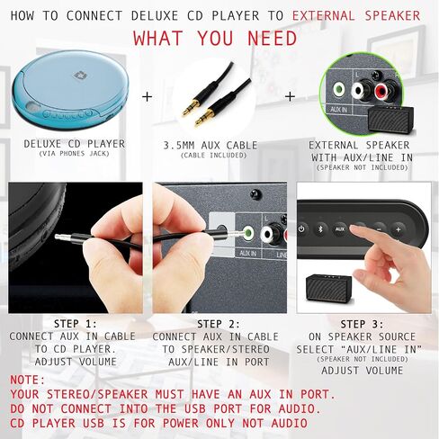 CD Player Portable with 60 Second Anti Skip, Stereo Earbuds, Includes Aux in Cable and AC USB Power Cable for use at Home or in Car in Saudi Arabia