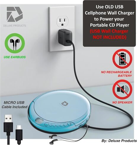 CD Player Portable with 60 Second Anti Skip, Stereo Earbuds, Includes Aux in Cable and AC USB Power Cable for use at Home or in Car in Saudi Arabia