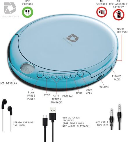 CD Player Portable with 60 Second Anti Skip, Stereo Earbuds, Includes Aux in Cable and AC USB Power Cable for use at Home or in Car in Saudi Arabia