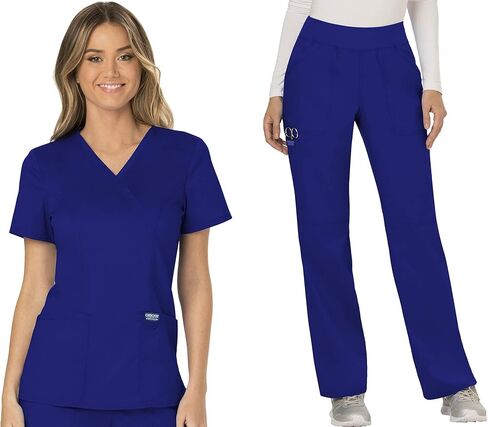 Cherokee Scrub Set For Women, Modern Classic Fit Mock Wrap Top WW610 With Mid Rise, Straight Leg Pant WW110, Galaxy Blue- M Top/M Petite Pant in Saudi Arabia