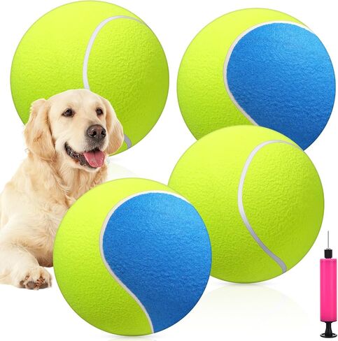 4 Pcs 9.5 Inch Large Tennis Ball for Dogs, Inflatable Giant Tennis Ball, Jumbo Dog Ball, Funny Outdoor Sports Ball Gift with Pump for Small Medium Large Dog, Birthday Interactive Dog Toys in Saudi Arabia