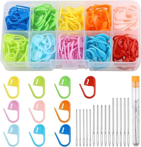 BLMHTWO 150 قطعة من علامات الغرز، 10 ألوان لحياكة الكروشيه مع 3 أحجام، 15 قطعة من إبر الخياطة الحادة للعيون الكبيرة لعلامة ملابس الحياكة مع صندوق تخزين in Kuwait