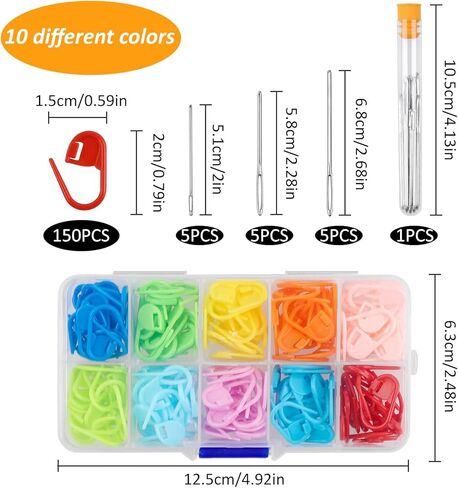 BLMHTWO 150 قطعة من علامات الغرز، 10 ألوان لحياكة الكروشيه مع 3 أحجام، 15 قطعة من إبر الخياطة الحادة للعيون الكبيرة لعلامة ملابس الحياكة مع صندوق تخزين in Kuwait