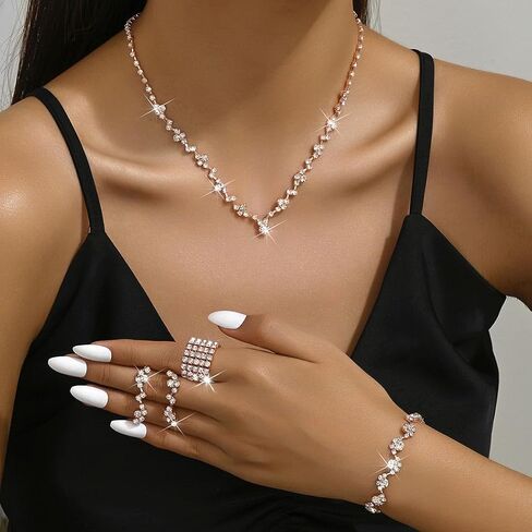 GORAIS Prom Wedding Jewelry Sets Rhinestone Bridal Necklace Earrings Bracelet Ring Set Costume Jewelry for Brides in Saudi Arabia