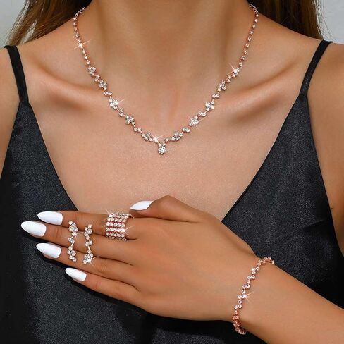 GORAIS Prom Wedding Jewelry Sets Rhinestone Bridal Necklace Earrings Bracelet Ring Set Costume Jewelry for Brides in Saudi Arabia