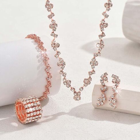 GORAIS Prom Wedding Jewelry Sets Rhinestone Bridal Necklace Earrings Bracelet Ring Set Costume Jewelry for Brides in Saudi Arabia