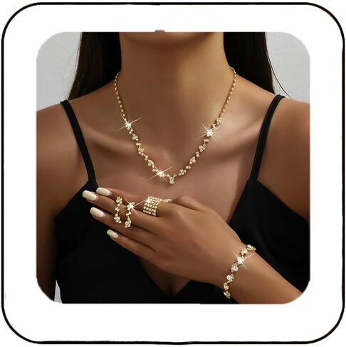 GORAIS Prom Wedding Jewelry Sets Rhinestone Bridal Necklace Earrings Bracelet Ring Set Costume Jewelry for Brides in Saudi Arabia