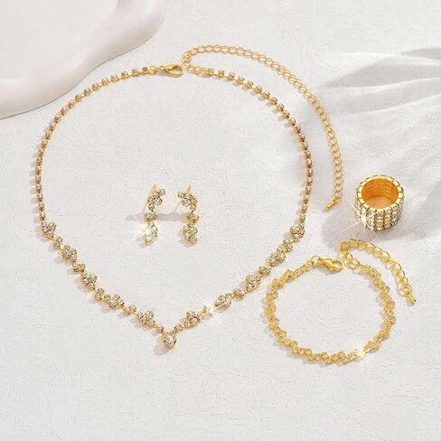 GORAIS Prom Wedding Jewelry Sets Rhinestone Bridal Necklace Earrings Bracelet Ring Set Costume Jewelry for Brides in Saudi Arabia