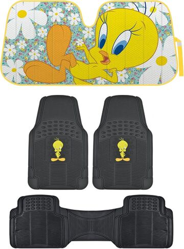 BDK Tweety Bird 3PC Front & Rear Car Floor Mats with Windshield Auto Shade, Accordion Folding Auto Sunshade for Car Truck SUV-Blocks UV Rays Sun Visor Protector, Keeps Your Vehicle Cool-58 x 27 Inch in Saudi Arabia
