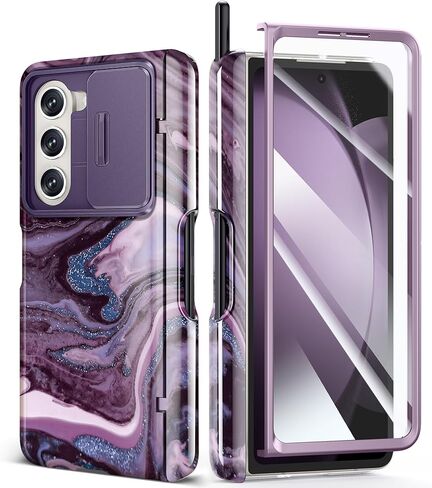 حافظة GVIEWIN رخام لهاتف Samsung Galaxy Z Fold 5، مع فتحة قلم S مدمجة، وغطاء عدسة الكاميرا المنزلقة، وواقي الشاشة، وحماية المفصلات، وغطاء هاتف Fold5 لحماية كامل الجسم 2023 (الرمال المتحركة/الأرجواني) in Kuwait