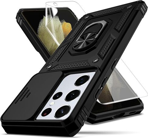 for Samsung Galaxy S21 Ultra Case,with Camera Lens Cover HD Screen Protector,[Military Grade] Ring Car Mount Kickstand Hybrid Hard PC Soft TPU Shockproof Protective Case for S21 Ultra, Black in Saudi Arabia