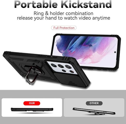 for Samsung Galaxy S21 Ultra Case,with Camera Lens Cover HD Screen Protector,[Military Grade] Ring Car Mount Kickstand Hybrid Hard PC Soft TPU Shockproof Protective Case for S21 Ultra, Black in Saudi Arabia