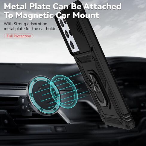 for Samsung Galaxy S21 Ultra Case,with Camera Lens Cover HD Screen Protector,[Military Grade] Ring Car Mount Kickstand Hybrid Hard PC Soft TPU Shockproof Protective Case for S21 Ultra, Black in Saudi Arabia