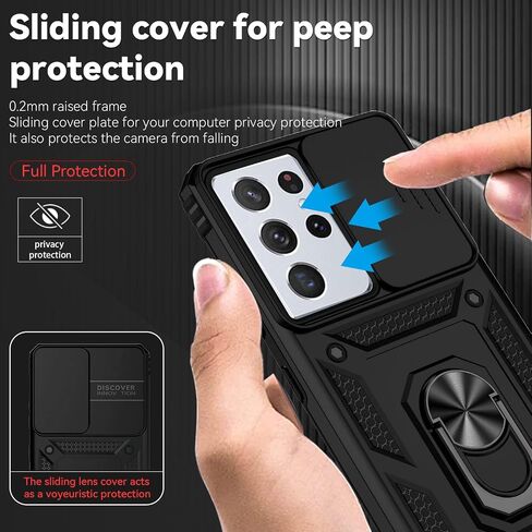 for Samsung Galaxy S21 Ultra Case,with Camera Lens Cover HD Screen Protector,[Military Grade] Ring Car Mount Kickstand Hybrid Hard PC Soft TPU Shockproof Protective Case for S21 Ultra, Black in Saudi Arabia