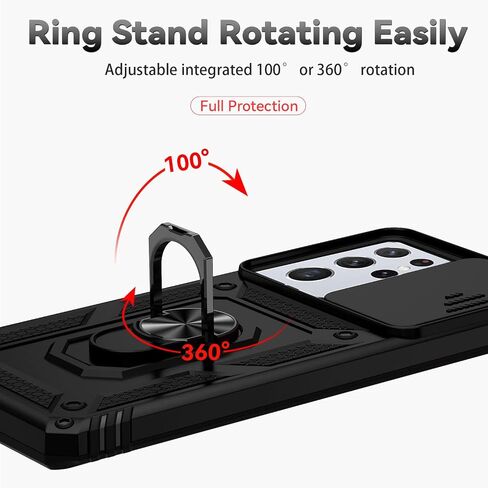 for Samsung Galaxy S21 Ultra Case,with Camera Lens Cover HD Screen Protector,[Military Grade] Ring Car Mount Kickstand Hybrid Hard PC Soft TPU Shockproof Protective Case for S21 Ultra, Black in Saudi Arabia