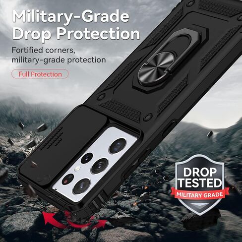 for Samsung Galaxy S21 Ultra Case,with Camera Lens Cover HD Screen Protector,[Military Grade] Ring Car Mount Kickstand Hybrid Hard PC Soft TPU Shockproof Protective Case for S21 Ultra, Black in Saudi Arabia