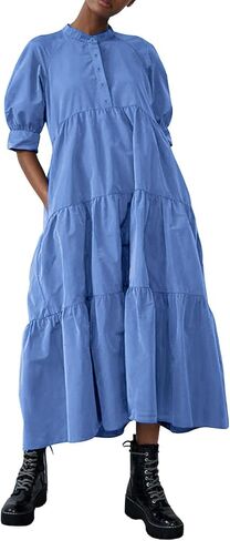 chouyatou Women's Summer Puff Sleeve Maxi Tiered Babydoll Dress Casual A-Line Swing Long Shirt Dress in Kuwait