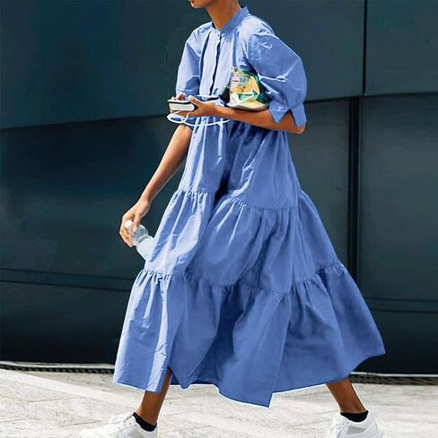 chouyatou Women's Summer Puff Sleeve Maxi Tiered Babydoll Dress Casual A-Line Swing Long Shirt Dress in Kuwait