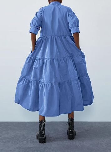 chouyatou Women's Summer Puff Sleeve Maxi Tiered Babydoll Dress Casual A-Line Swing Long Shirt Dress in Kuwait