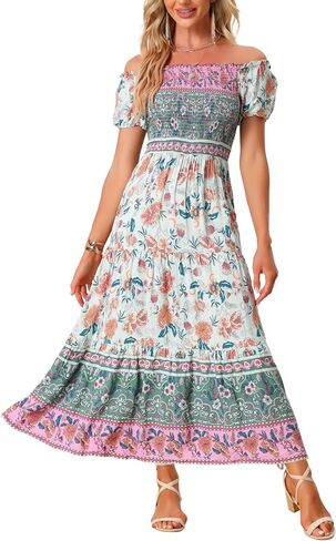 Allegra K Boho Maxi Dress for Women's Off-Shoulder Floral Smocked Dress in Saudi Arabia