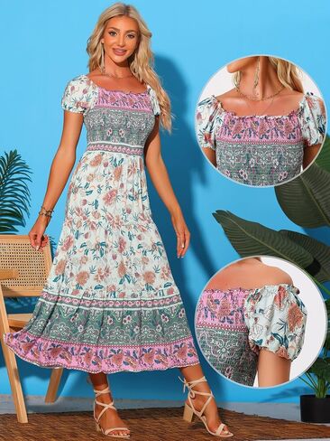 Allegra K Boho Maxi Dress for Women's Off-Shoulder Floral Smocked Dress in Saudi Arabia
