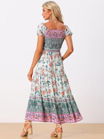 Allegra K Boho Maxi Dress for Women's Off-Shoulder Floral Smocked Dress in Saudi Arabia