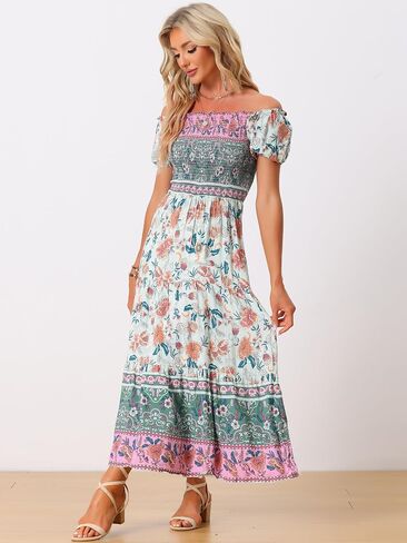 Allegra K Boho Maxi Dress for Women's Off-Shoulder Floral Smocked Dress in Saudi Arabia