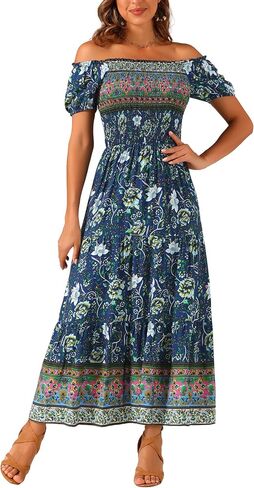 Allegra K Boho Maxi Dress for Women's Off-Shoulder Floral Smocked Dress in Saudi Arabia