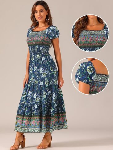 Allegra K Boho Maxi Dress for Women's Off-Shoulder Floral Smocked Dress in Saudi Arabia