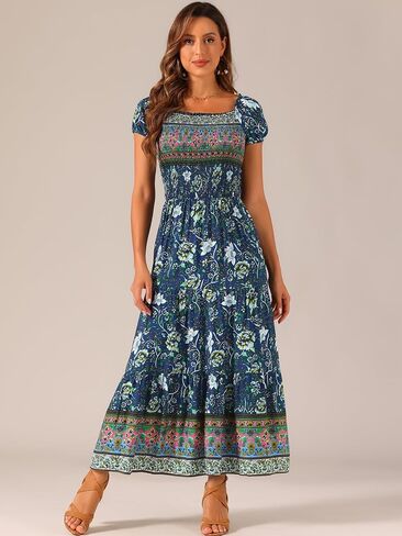 Allegra K Boho Maxi Dress for Women's Off-Shoulder Floral Smocked Dress in Saudi Arabia
