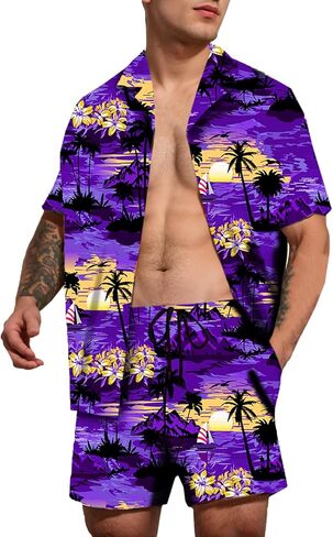 Cromoncent Men's Hawaiian 2 Piece Sets Short Sleeve Button Down Shirts and Shorts Printed Vacation Outfits in Saudi Arabia