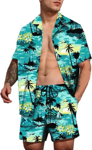 Cromoncent Men's Hawaiian 2 Piece Sets Short Sleeve Button Down Shirts and Shorts Printed Vacation Outfits in Saudi Arabia