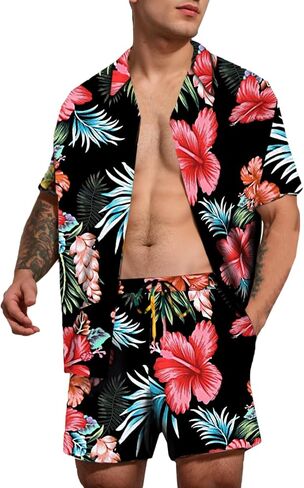Cromoncent Men's Hawaiian 2 Piece Sets Short Sleeve Button Down Shirts and Shorts Printed Vacation Outfits in Saudi Arabia