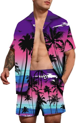 Cromoncent Men's Hawaiian 2 Piece Sets Short Sleeve Button Down Shirts and Shorts Printed Vacation Outfits in Saudi Arabia