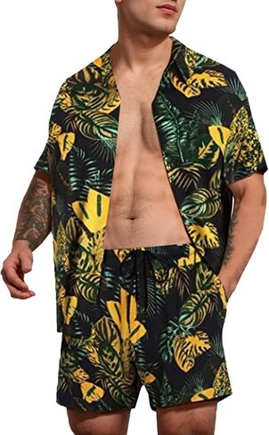 Cromoncent Men's Hawaiian 2 Piece Sets Short Sleeve Button Down Shirts and Shorts Printed Vacation Outfits in Saudi Arabia
