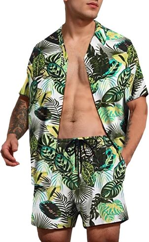 Cromoncent Men's Hawaiian 2 Piece Sets Short Sleeve Button Down Shirts and Shorts Printed Vacation Outfits in Saudi Arabia