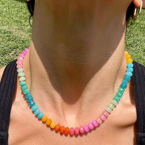 Natural Stone Beaded Necklace for Women Boho Colorful Beads Choker Necklace Rainbow Charm Necklace Surfer Beach Necklace Jewelry Gift in Saudi Arabia