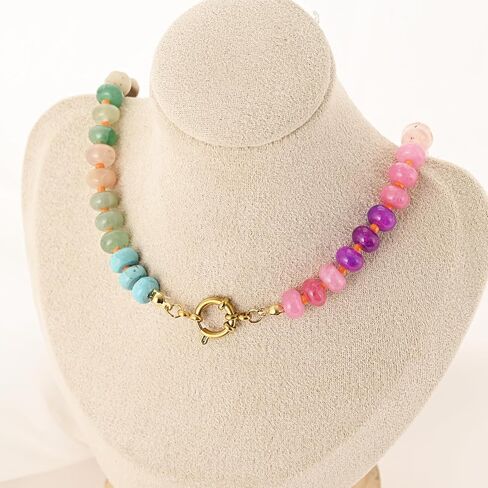 Natural Stone Beaded Necklace for Women Boho Colorful Beads Choker Necklace Rainbow Charm Necklace Surfer Beach Necklace Jewelry Gift in Saudi Arabia